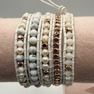 Victoria Emerson 5‑Wrap Bracelet – Pearl, Marble & Rose Gold Beads on White Cord